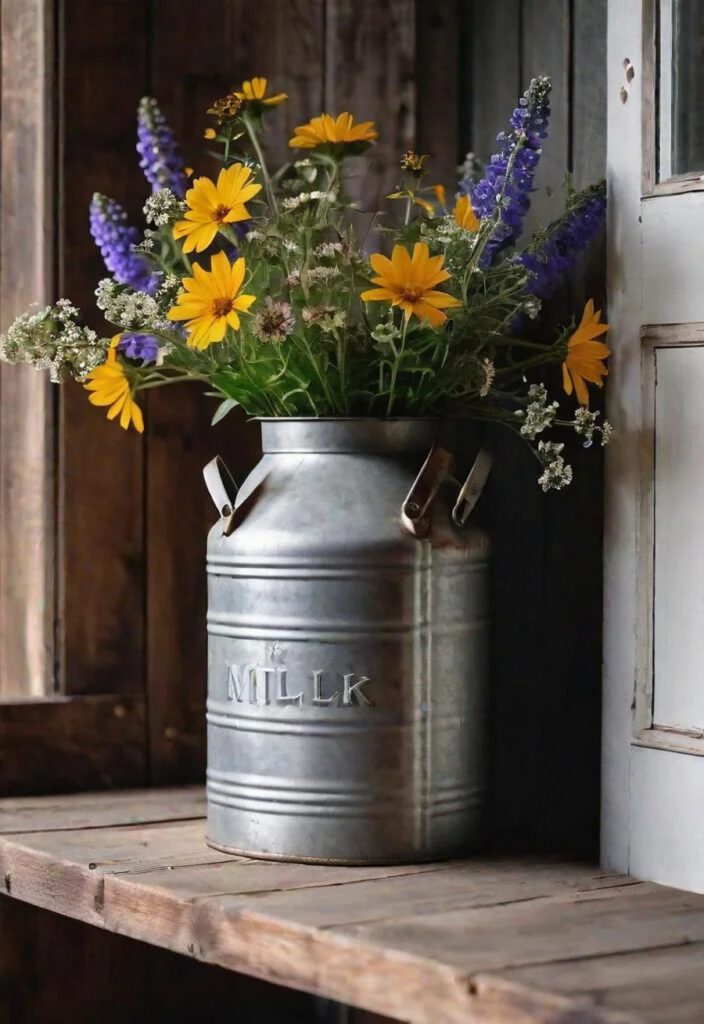 25 Charming Farmhouse Living Room Ideas For 2025 24 22. Milk Can Flower Vase