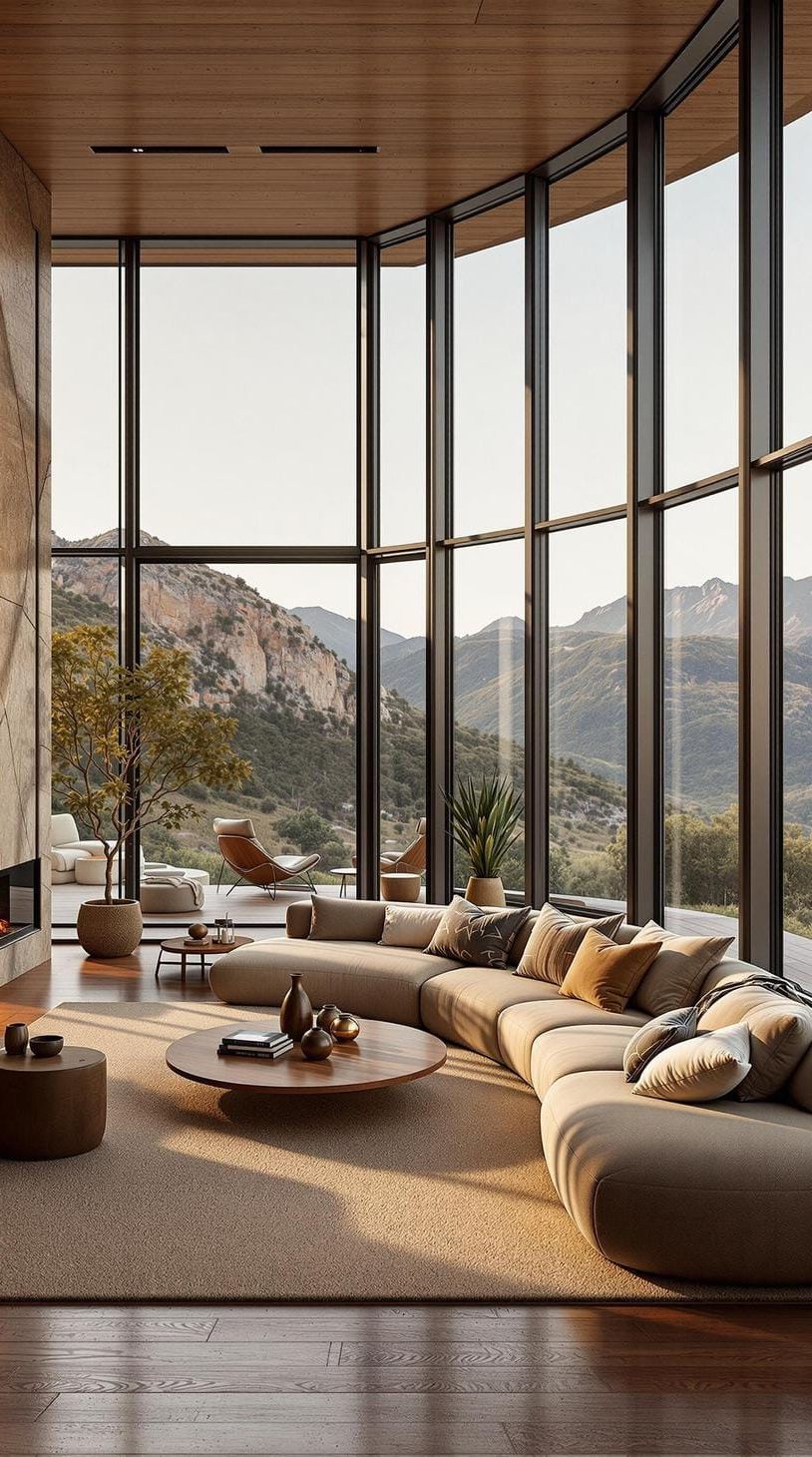 15 New Japandi Living Room Ideas You’ll Love 31 11. Open Space Harmony with Large Window Views and Earthy Color Palette-1