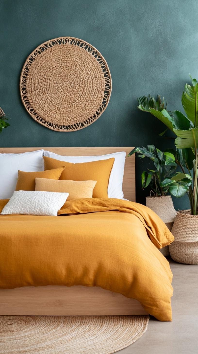 11. Large woven wall hangings above bed in deep green palette-2