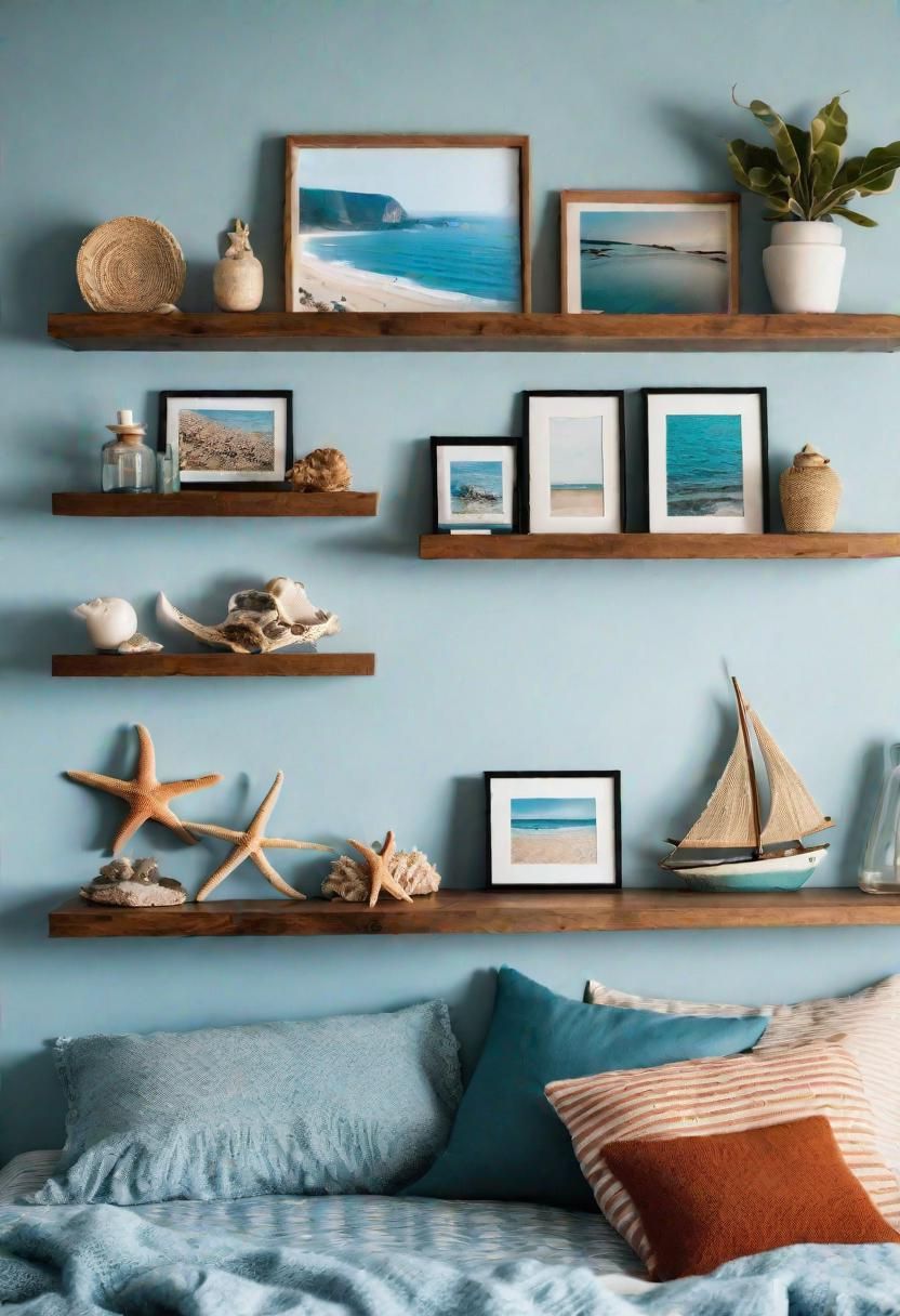 43 Relaxing Coastal Bedrooms for Breezy Retreats 34 32. Beach Memory Display on Shelves-0