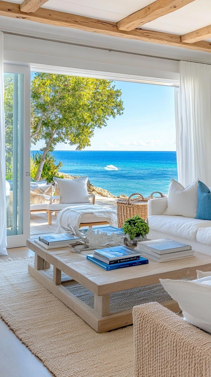 20 Unique Coastal Farmhouse Living Room Ideas That Wow 36 11. Set up a large open window framed with sheer curtains for natural lighting emphasis-1