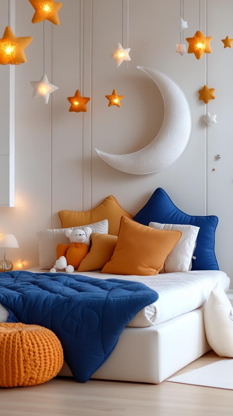 21 New Bedroom Ideas for Your 2025 Refresh 47 16. Magical moon and star tapestry with hanging lights-2