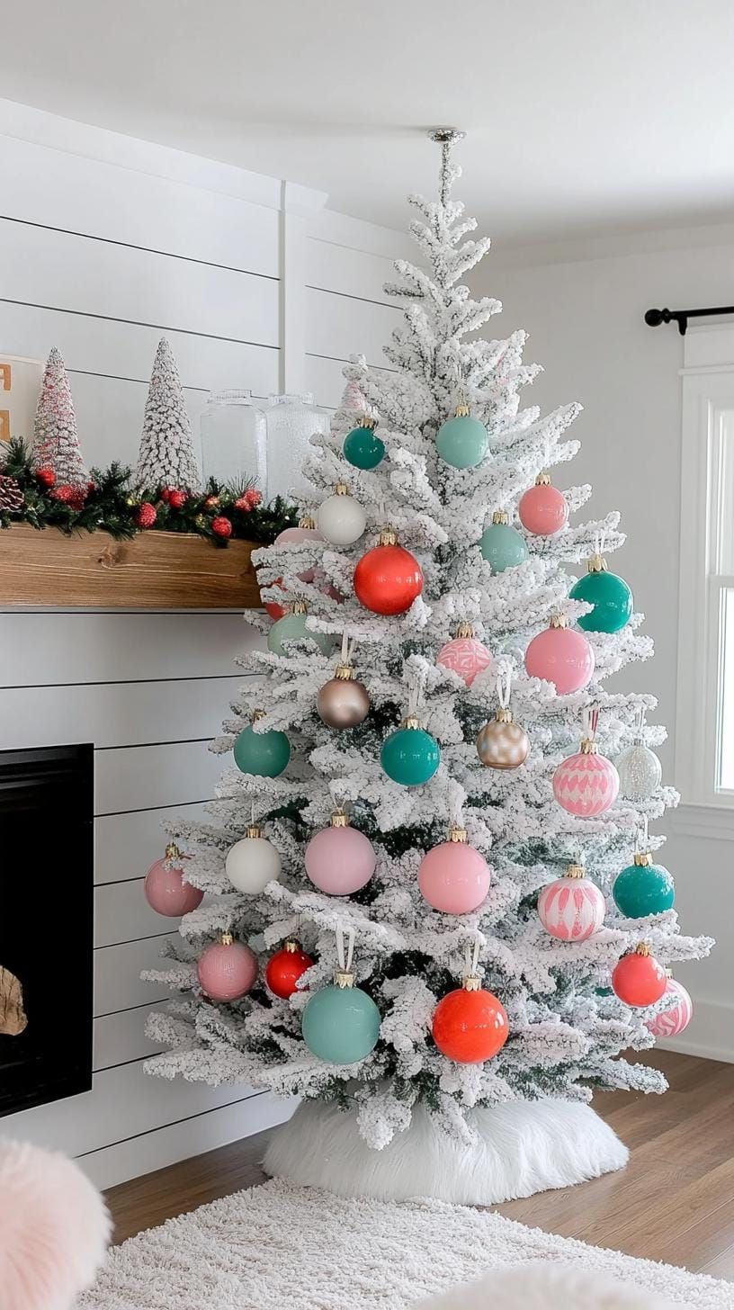 23 Vintage Mid-Century Modern Christmas Ideas to Inspire You 10 3. White flocked trees with pastel retro baubles-1