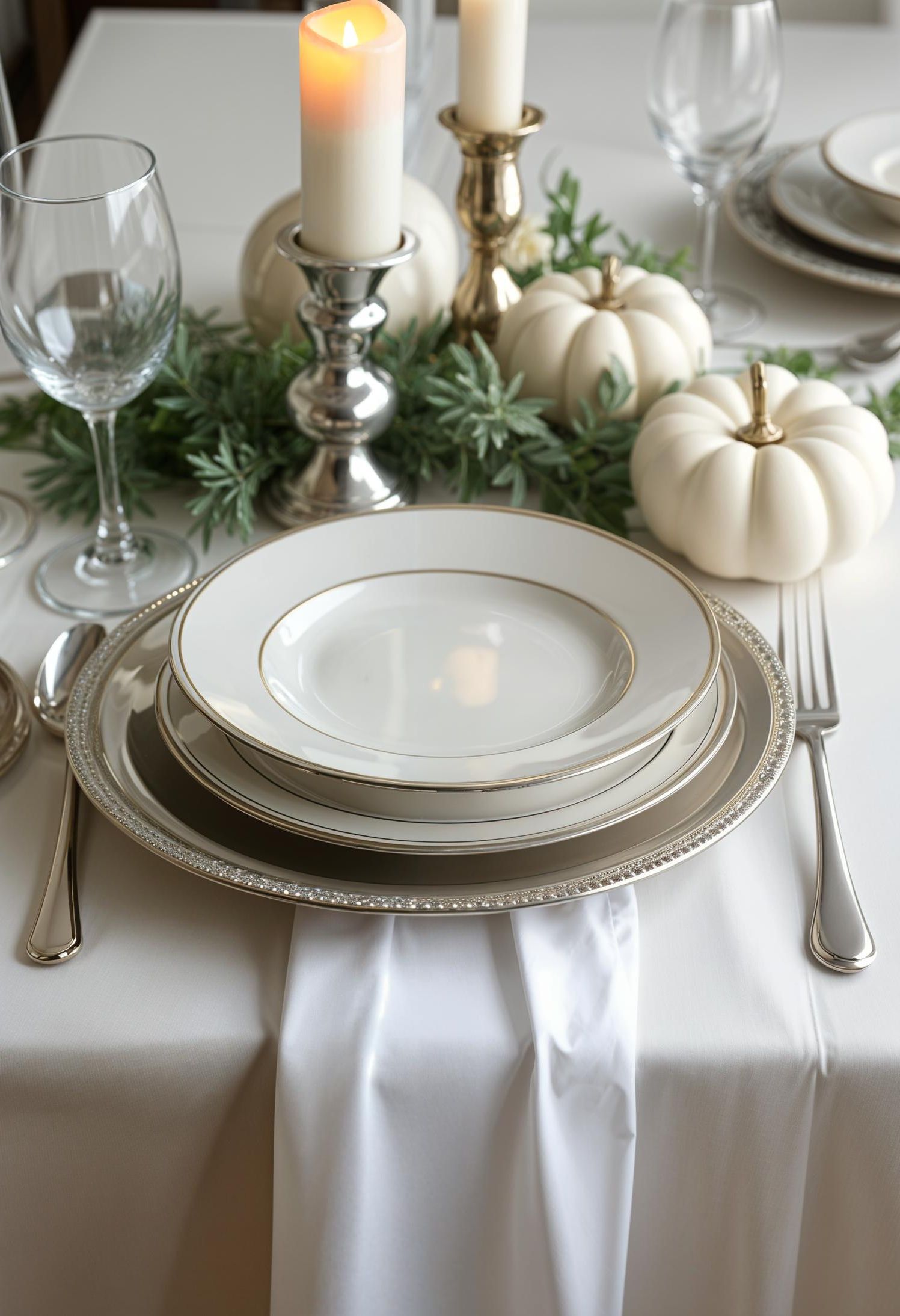 12. Elegant white-on-white with silver candlesticks and greenery-2