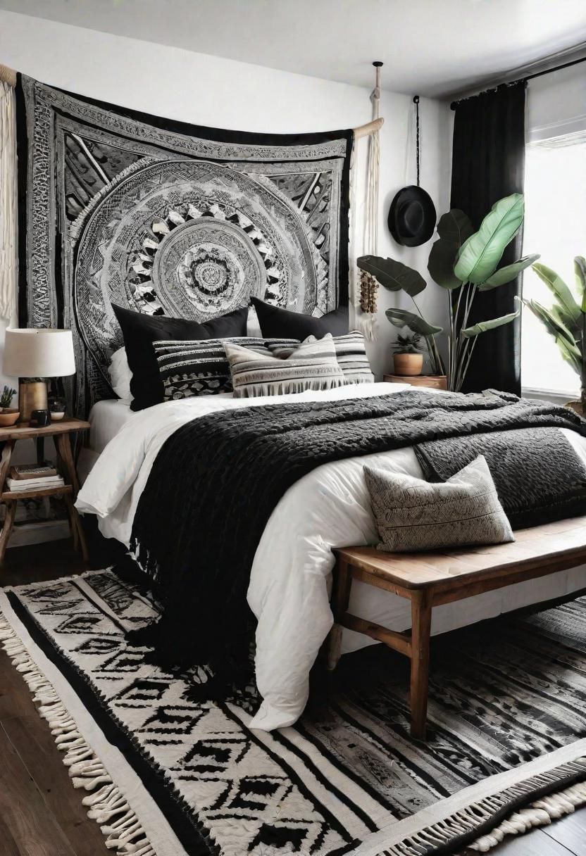 45 Black and White Bedroom Ideas for Timeless Elegance 12 10. Boho Black & White Textures-0