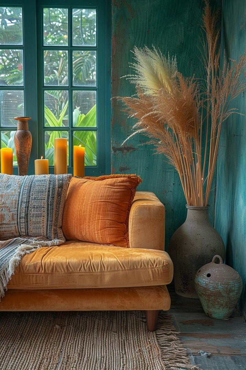 19 Gorgeous Boho Mid-Century Modern Living Room 46 15. Eclectic Candle Holder Pairings-1