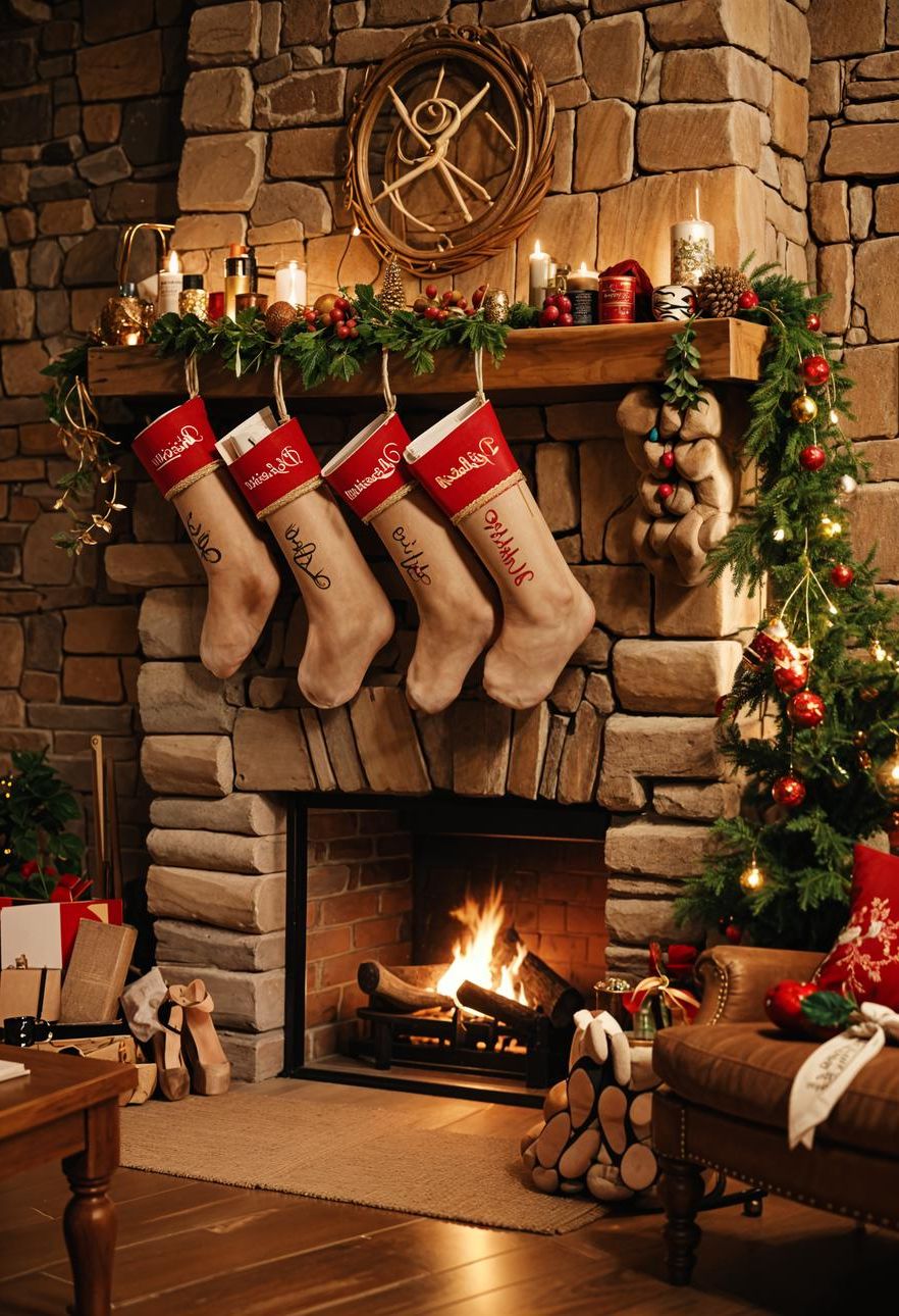21 Cozy Mountain Lodge Christmas Decor Ideas 8 2. Rustic Embroidered Burlap Stockings-2