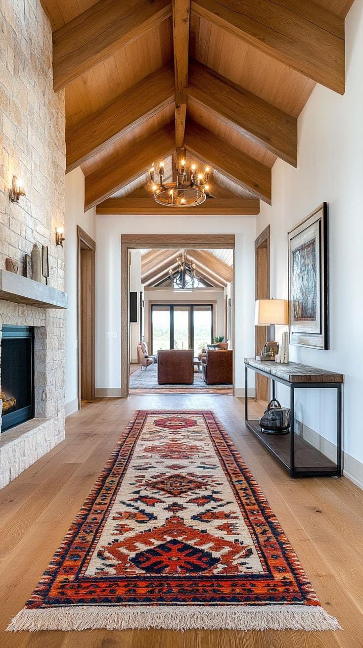 25 Chic Ranch House Decor Ideas for Modern Rustic Living 56 17. Hallway lined with vintage rugs, rustic lighting, and exposed beams-1