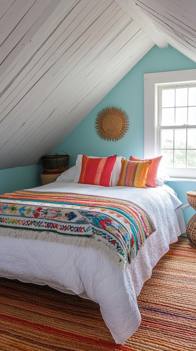 20 Super Cozy Small Attic Bedroom Ideas to Explore Today 63 20. Mexican Fiesta Escape featuring bold, bright colors, terracotta pots, and traditional ceramics-2