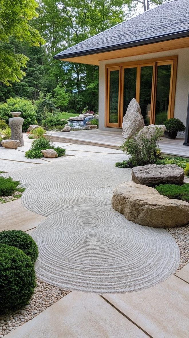 14. Minimalist Zen with a stone garden, serene sculptures, and a water feature-0