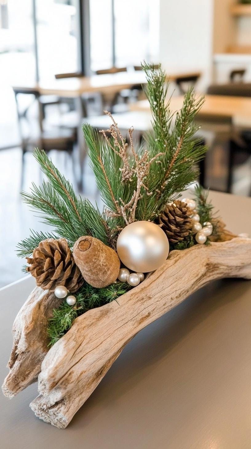 15 Stunning Winter Centerpieces to Transform Your Table 40 13. Silvery Driftwood Display: Use a long piece of driftwood, with a silvery finish, adorned with tiny pine branches and pearl-like ornaments-2