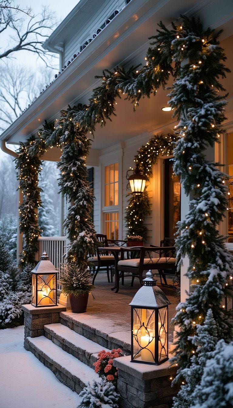 7. Winter wonderland using evergreen garlands, oversized lanterns, and a cozy firepit-1