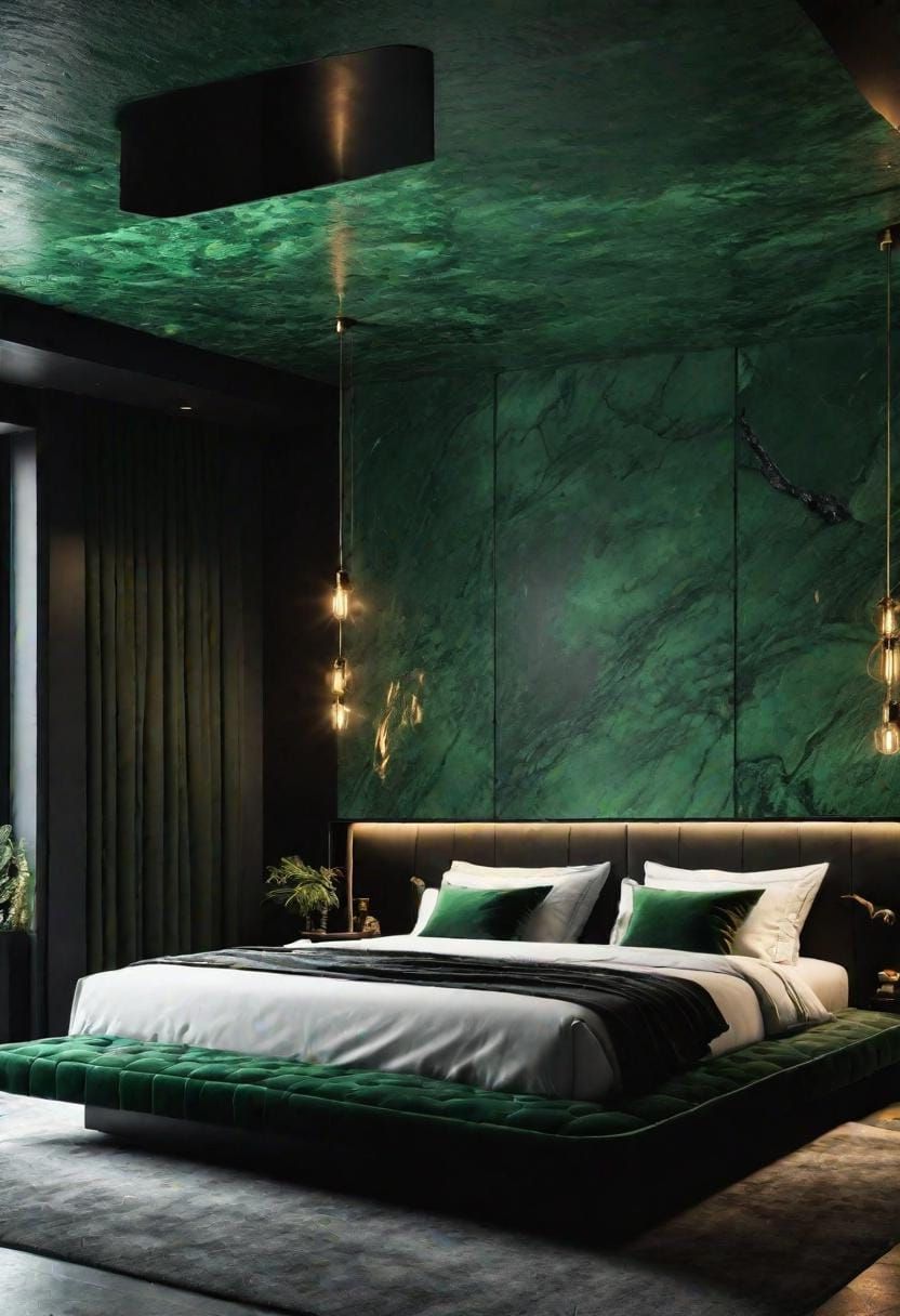 20 Elegant Green and Black Bedroom Ideas You Must See 58 19. Contemplative Caves: Conceive a cave-like ambiance with dark green stone walls and black ceiling fixtures-0