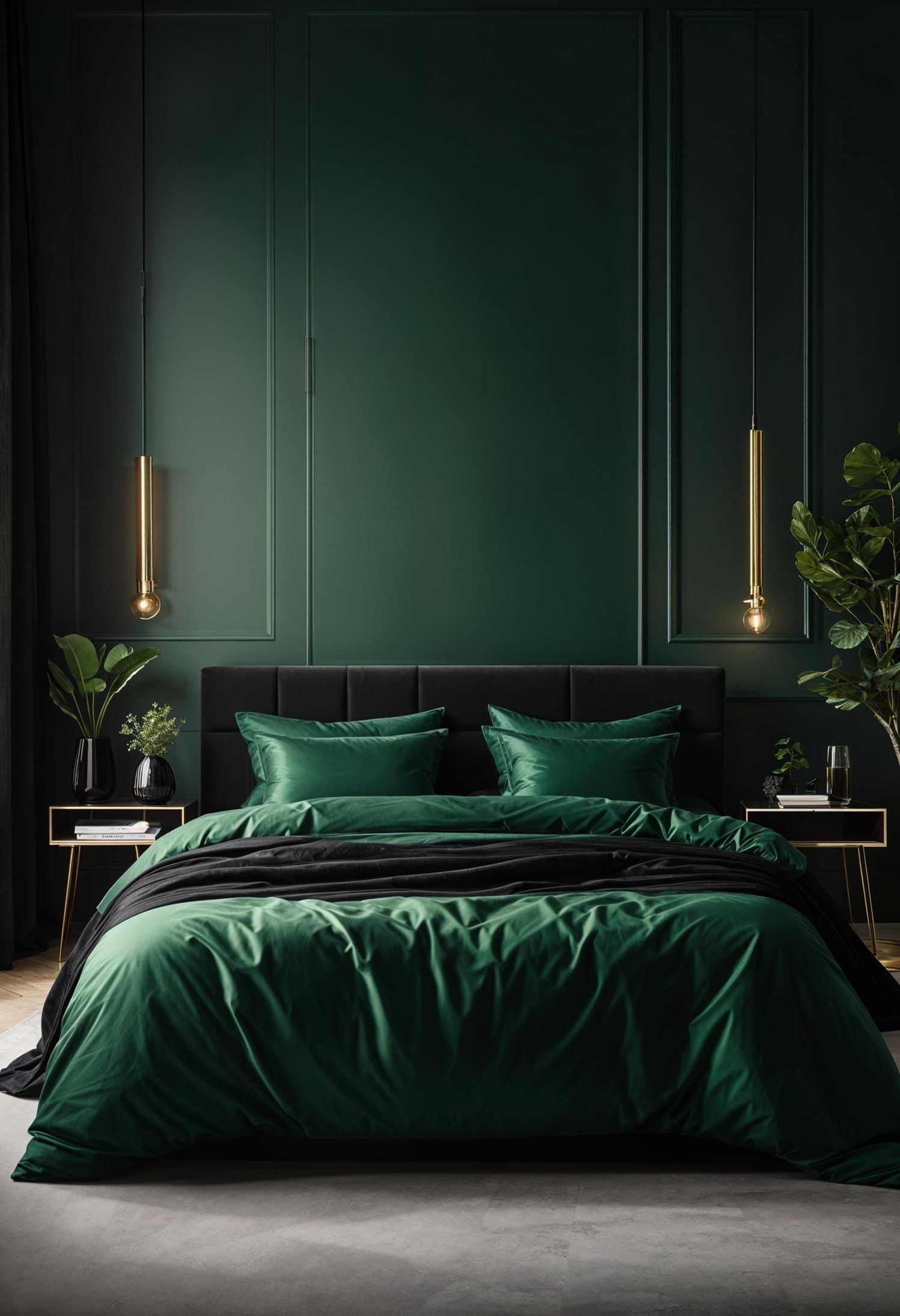 20 Elegant Green and Black Bedroom Ideas You Must See 48 15. Nordic Nights: Mix deep green fabrics with black Scandinavian furniture for simplicity and style-2
