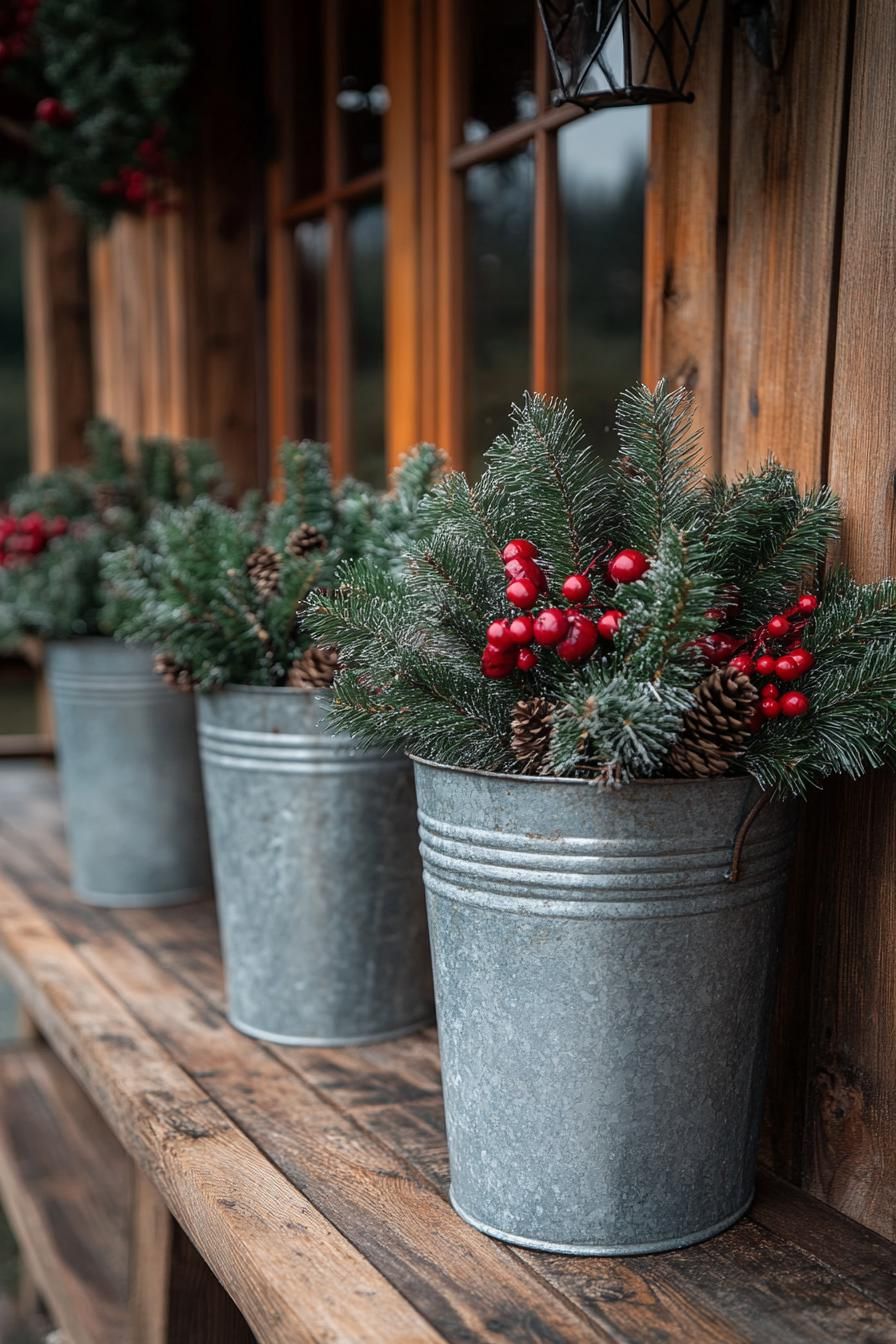 22. Evergreen-filled Galvanized Metal Buckets-0