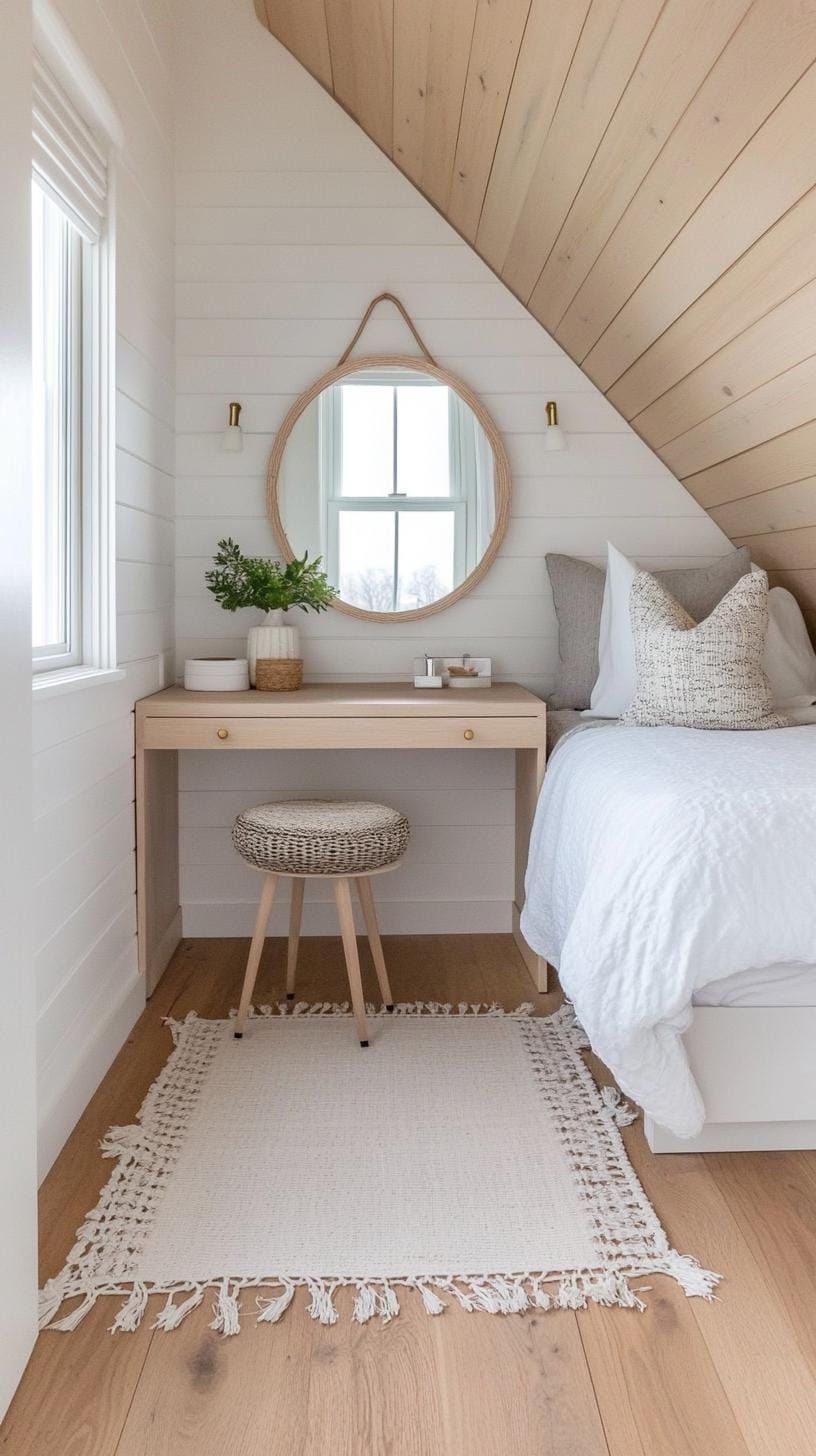 15 Genius Small Attic Bedroom Ideas To Maximize Space 36 12. Corner Beauty Nook with Pivot Mirror: A tucked-away vanity with a swivel mirror for easy accessibility-1