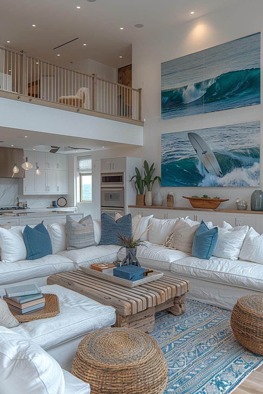 15 Aesthetic Modern Coastal Living Room Ideas 28 11. Chic Surfboard Wall Art Inspiration-0