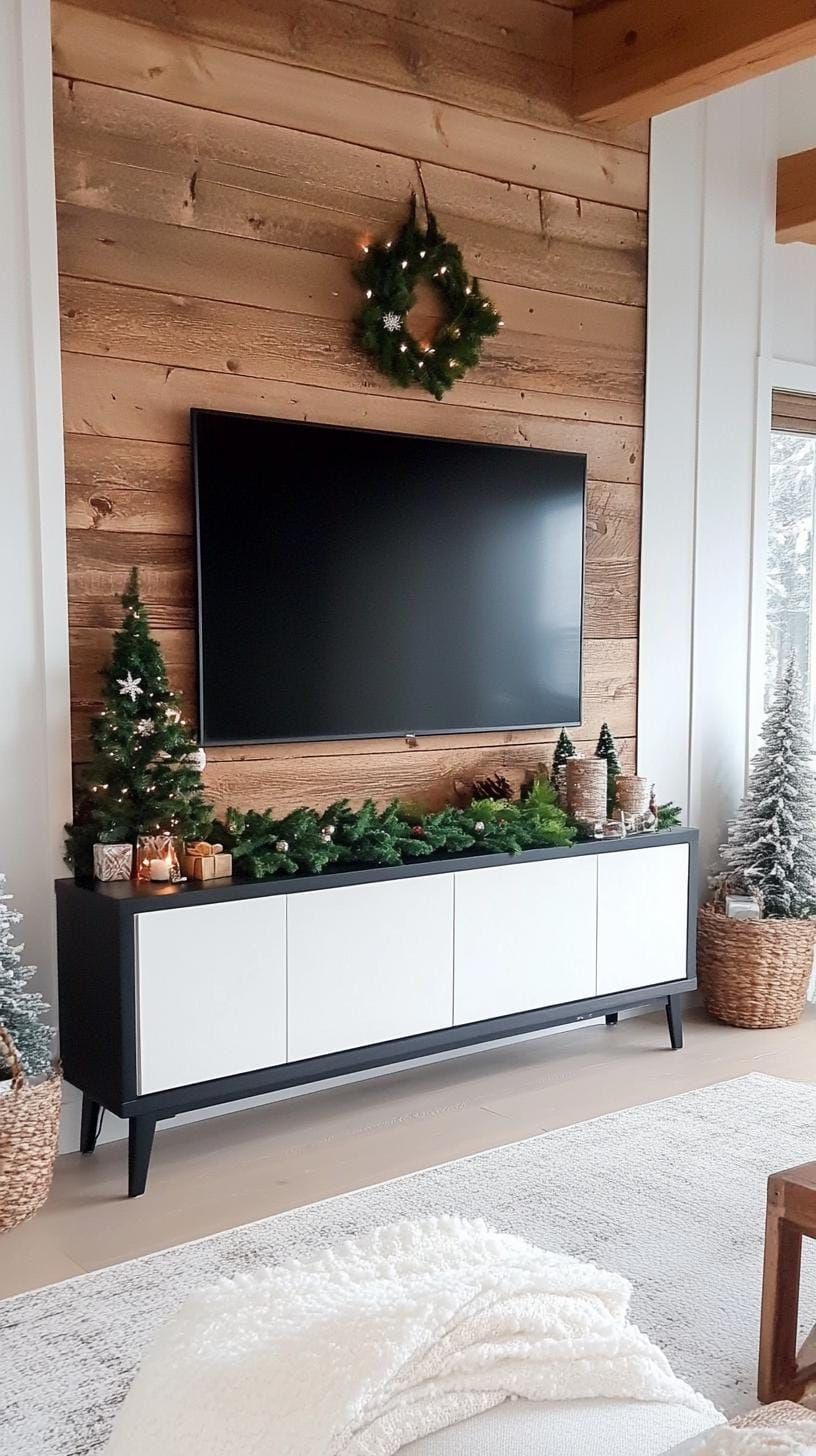 21 Trendy TV Stand Christmas Decor Ideas To Inspire You 46 20. Modern TV stand with a sleek, black-and-white color scheme and a touch of greenery-1