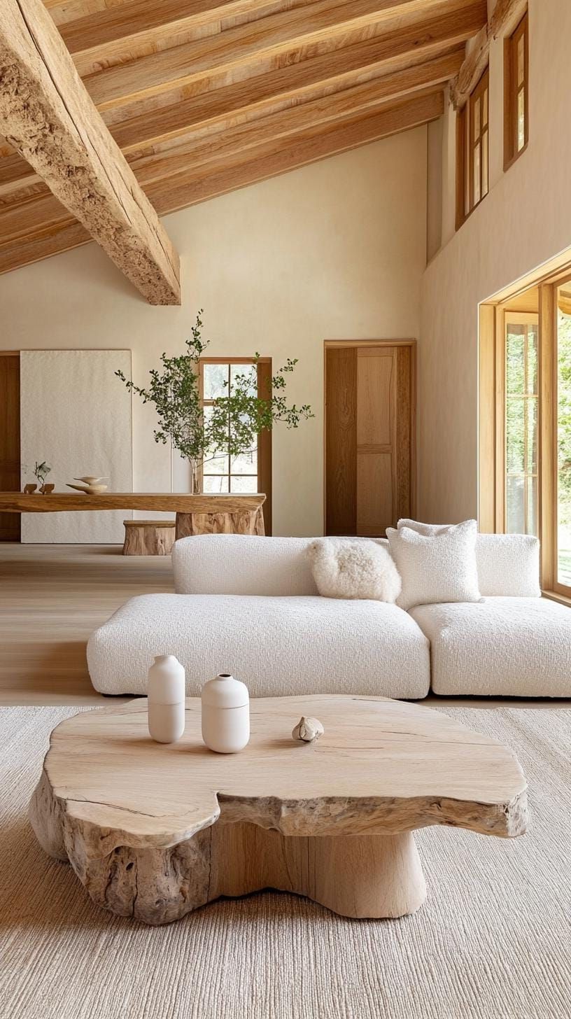 15 New Japandi Living Room Ideas You’ll Love 39 14. Incorporating Reclaimed Wood and Soft-hued Upholstery in the Layout-2