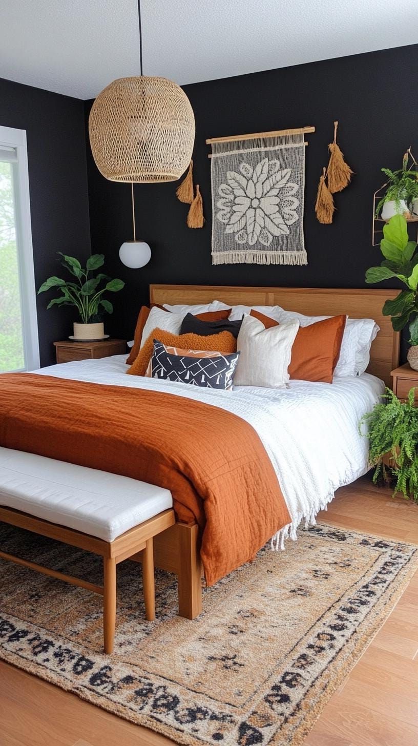 20. Black walls with earthy plant arrangements and warm lighting-0