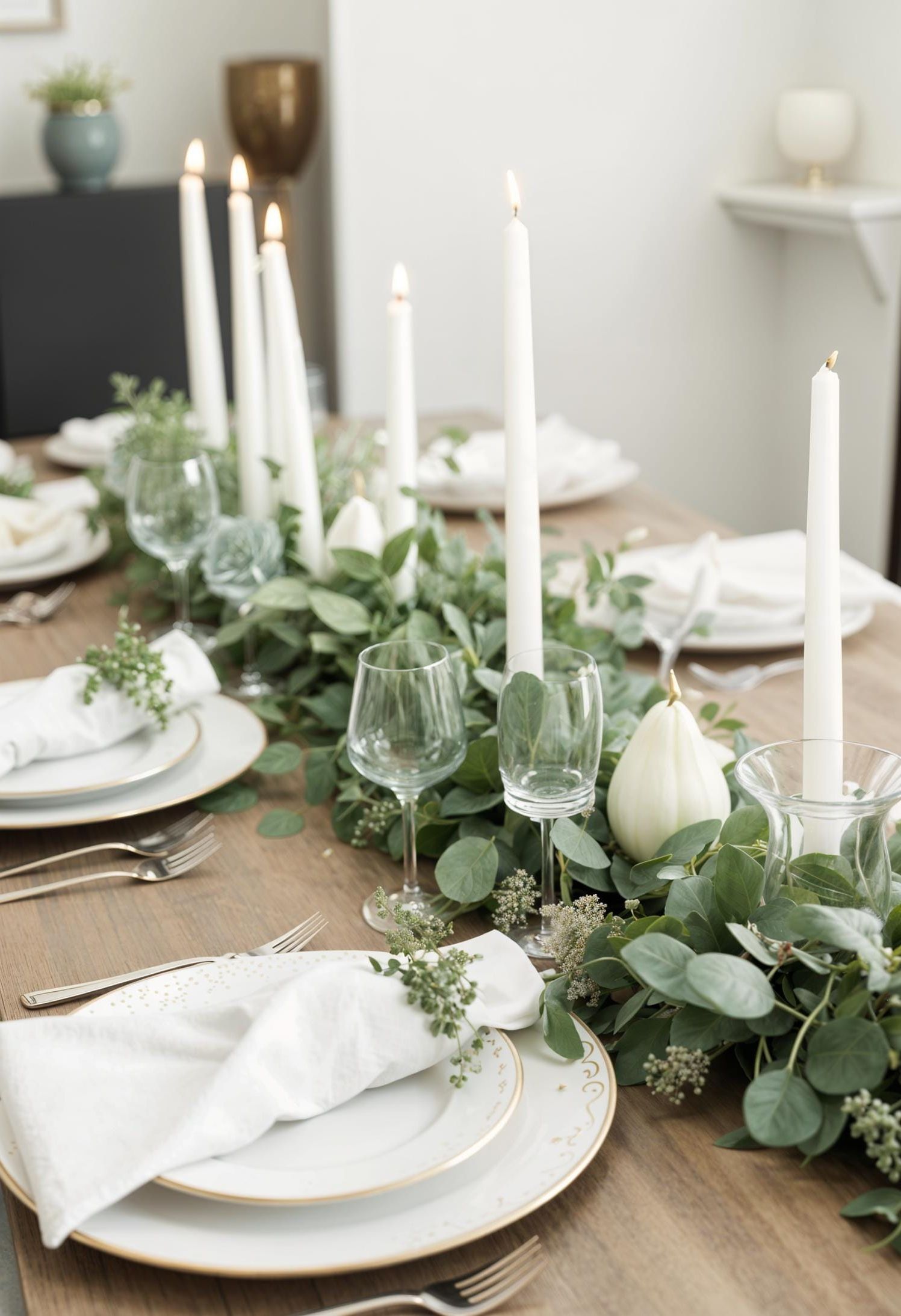 4. Natural eucalyptus garland centerpiece with white taper candles-2