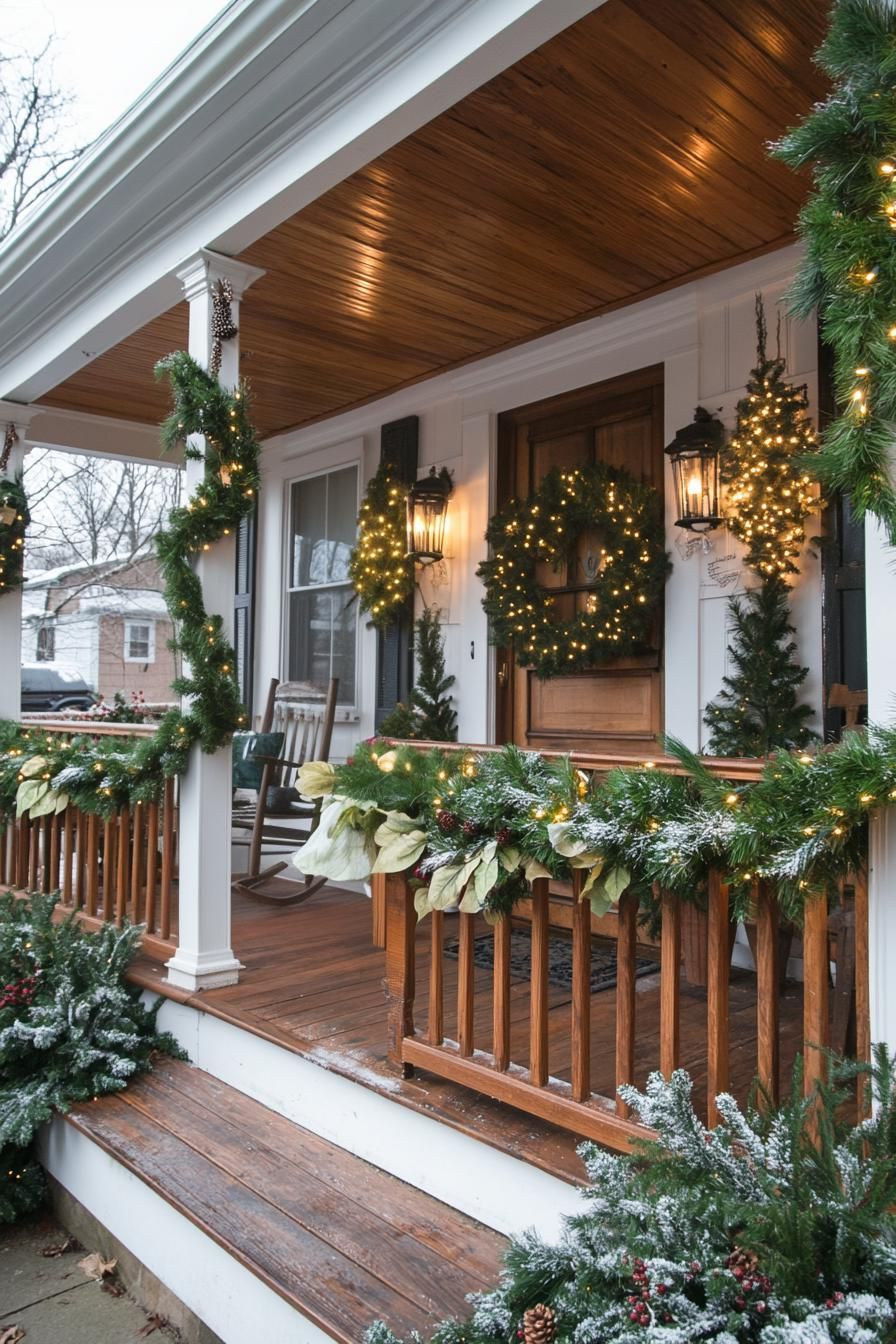 16 Unique Front Porch Christmas Decor Ideas for Holiday Season 35 12. Porch Railing Garland Swags-2