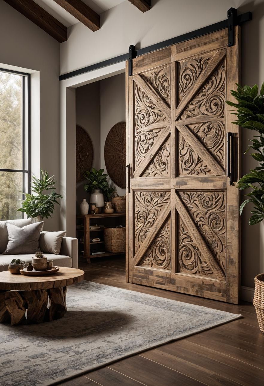 45 Chic & Modern Boho Living Room Ideas To Copy 17 6. Boho Barn Door Room Divider-0