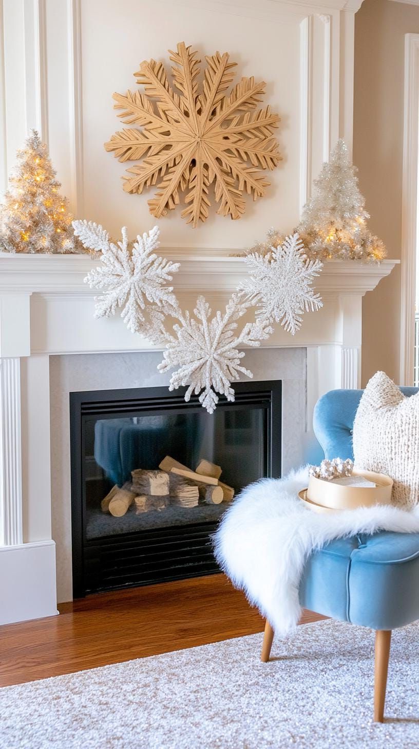 19 Best Winter Mantle Decor Ideas To Cozy Up Your Home In 2025 10 3. Festive Snowflake Mantle Décor Ideas-1