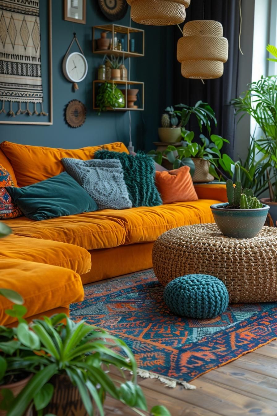 19 Gorgeous Boho Mid-Century Modern Living Room 39 13. Eccentric Floor Cushion Gathering-1