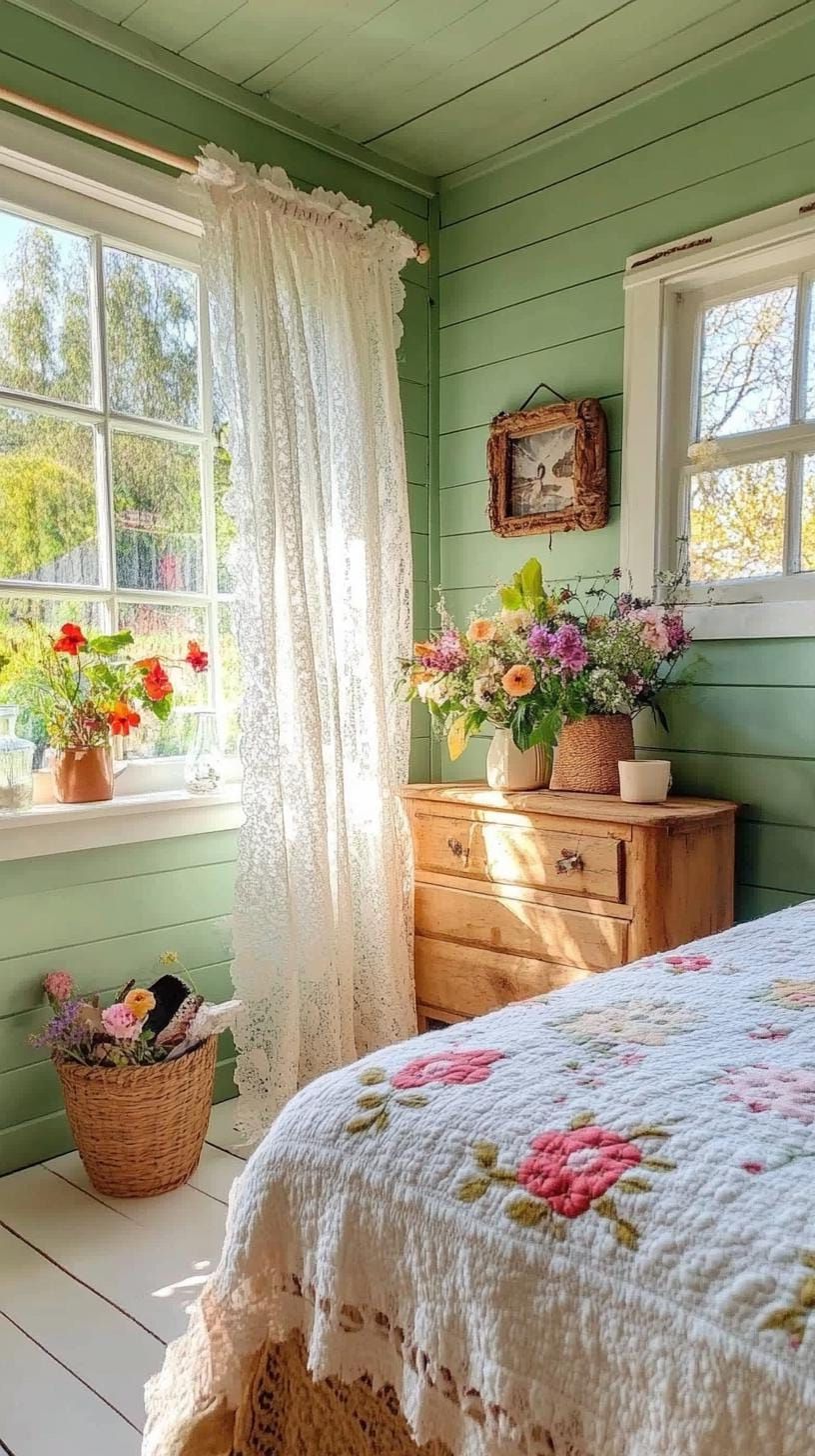 25 Trendy Sage Green Bedroom Ideas For 2025 59 18. Cottagecore-inspired room with lace curtains over sage green walls-1