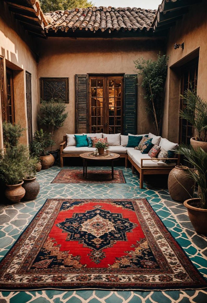 15 Chic Boho Patio Ideas You’ll Love 9 3. Boho Patio Rug Layering-2