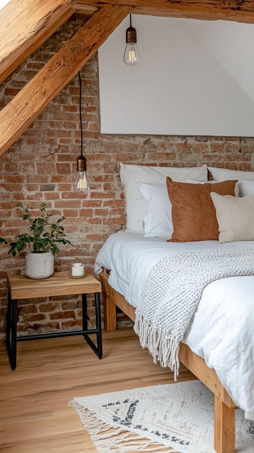 21 Cute Attic Bedroom Ideas You Will Love 38 12. Craft a rustic-chic vibe with exposed brick walls, aged wood furniture, and Edison bulb lighting-0
