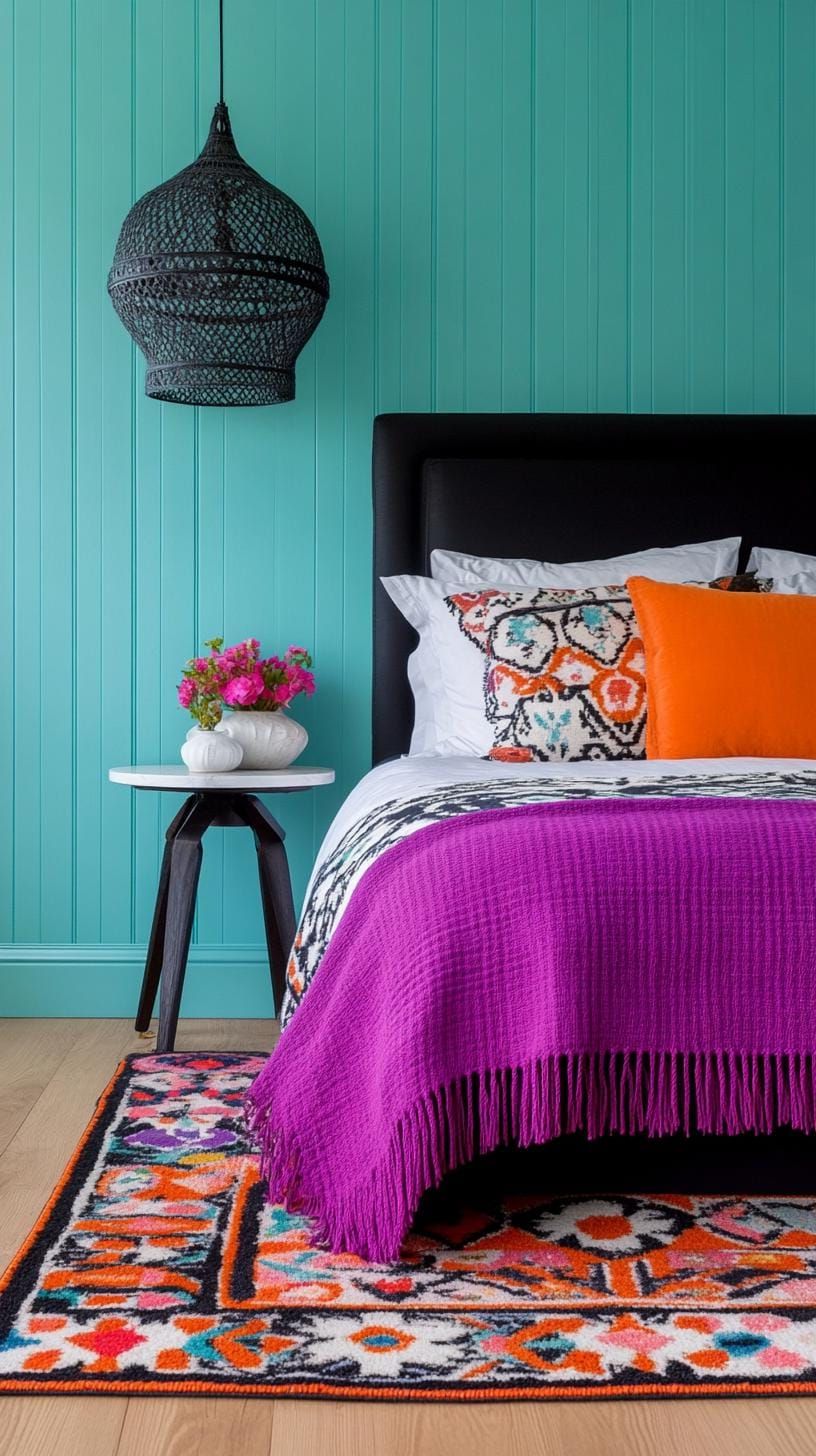 13. Statement bohemian area rug with deep purples and blacks, against a tinted deep teal wooden floor-3
