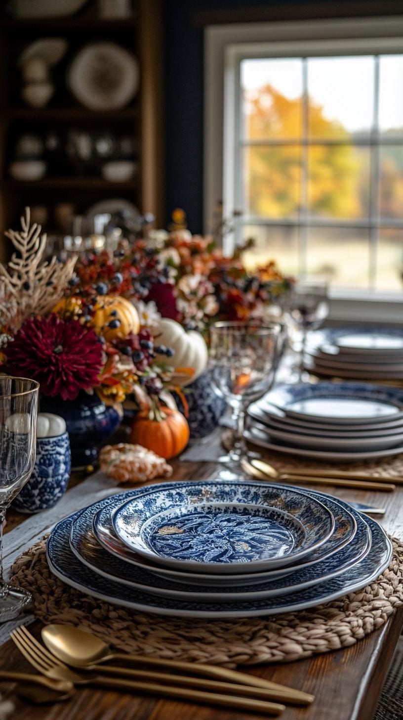 3. Dramatic navy and burgundy settings with gold cutlery accents-0