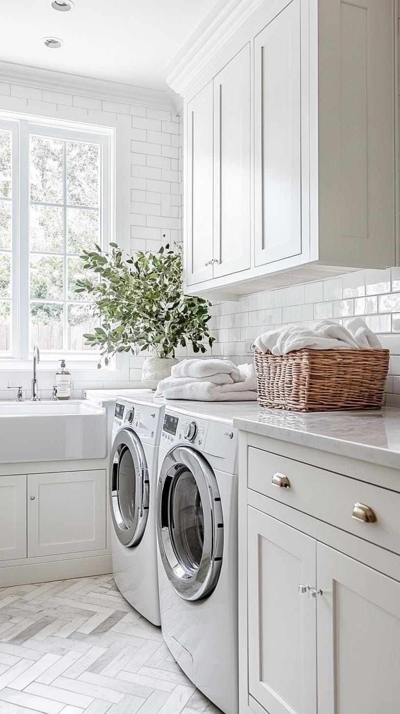20 Genius Tiny Laundry Room Ideas: Organization & Stacked Design 50 18. Classic white shaker cabinets with herringbone tile floors-0