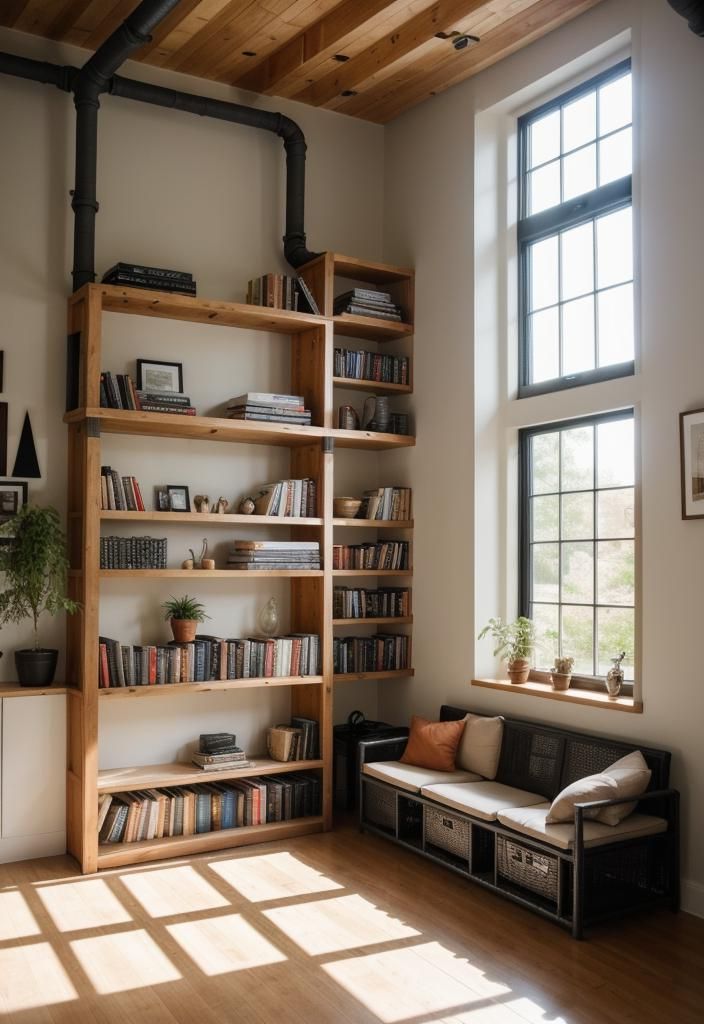 21 Elegant Built-In Shelves Ideas for the Living Room 7 5. Industrial Pipe Window Nook Shelving-0