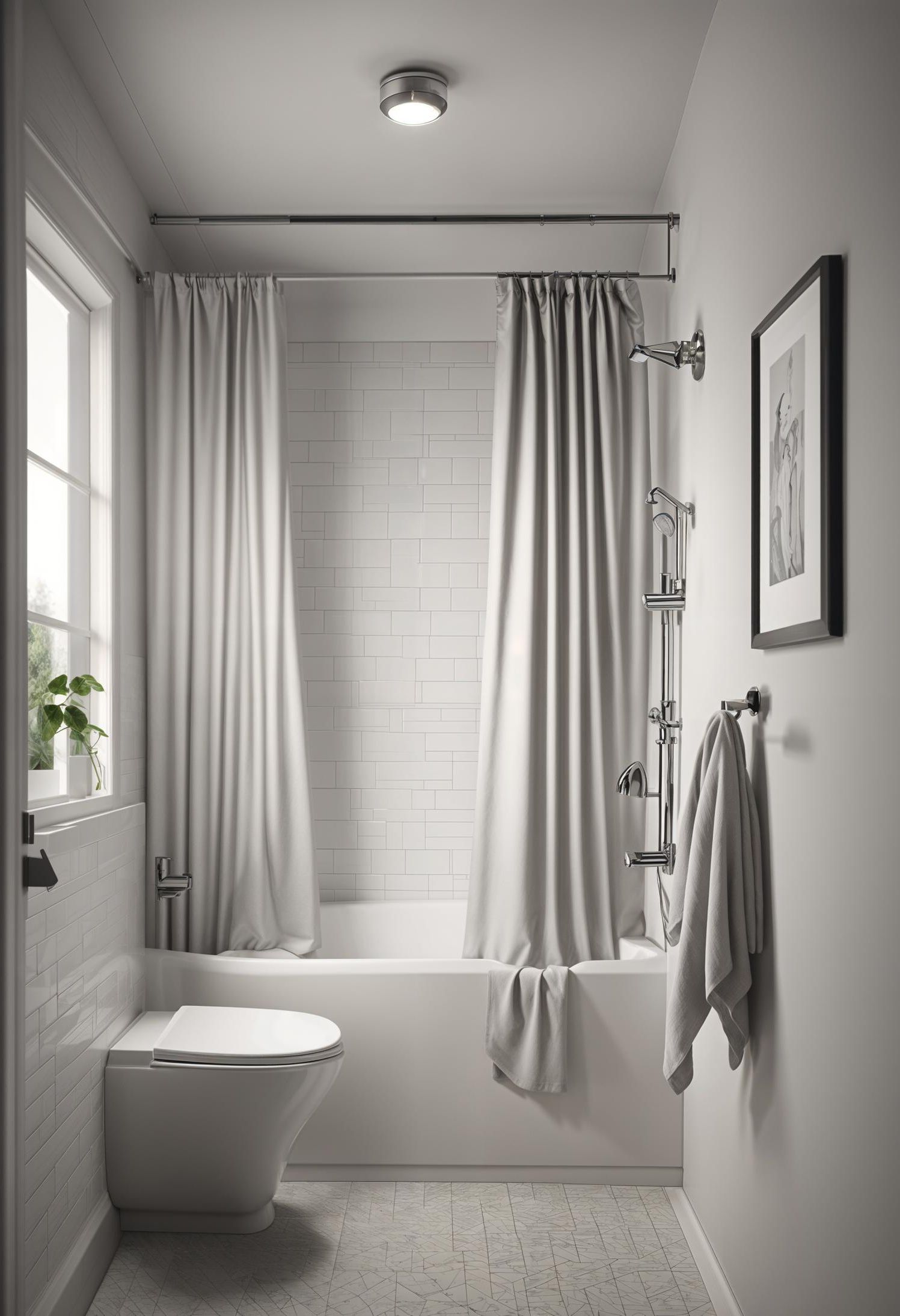 19 Genius Small Bathroom Ideas: Space-Saving Hacks 14 8. Illusion of Height with Curtain Rail-0