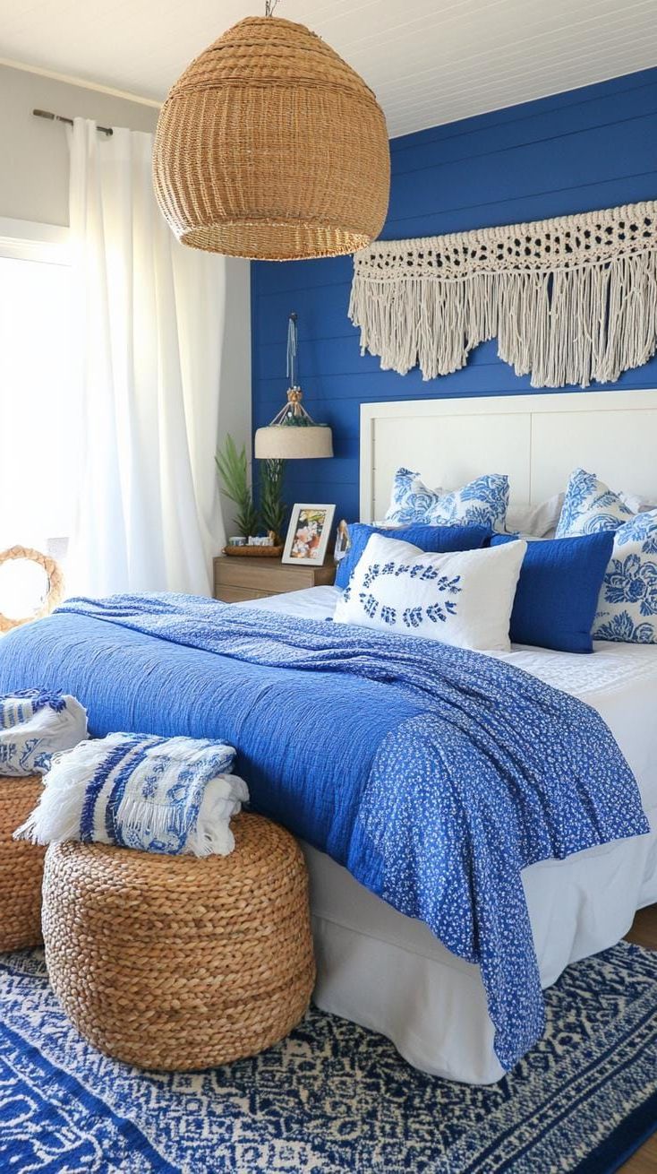 21 Best Blue Boho Bedroom Ideas To Inspire You 35 10. Oceanic Opulence: Envision an ocean-inspired look with shibori textiles and beaded curtain dividers-2