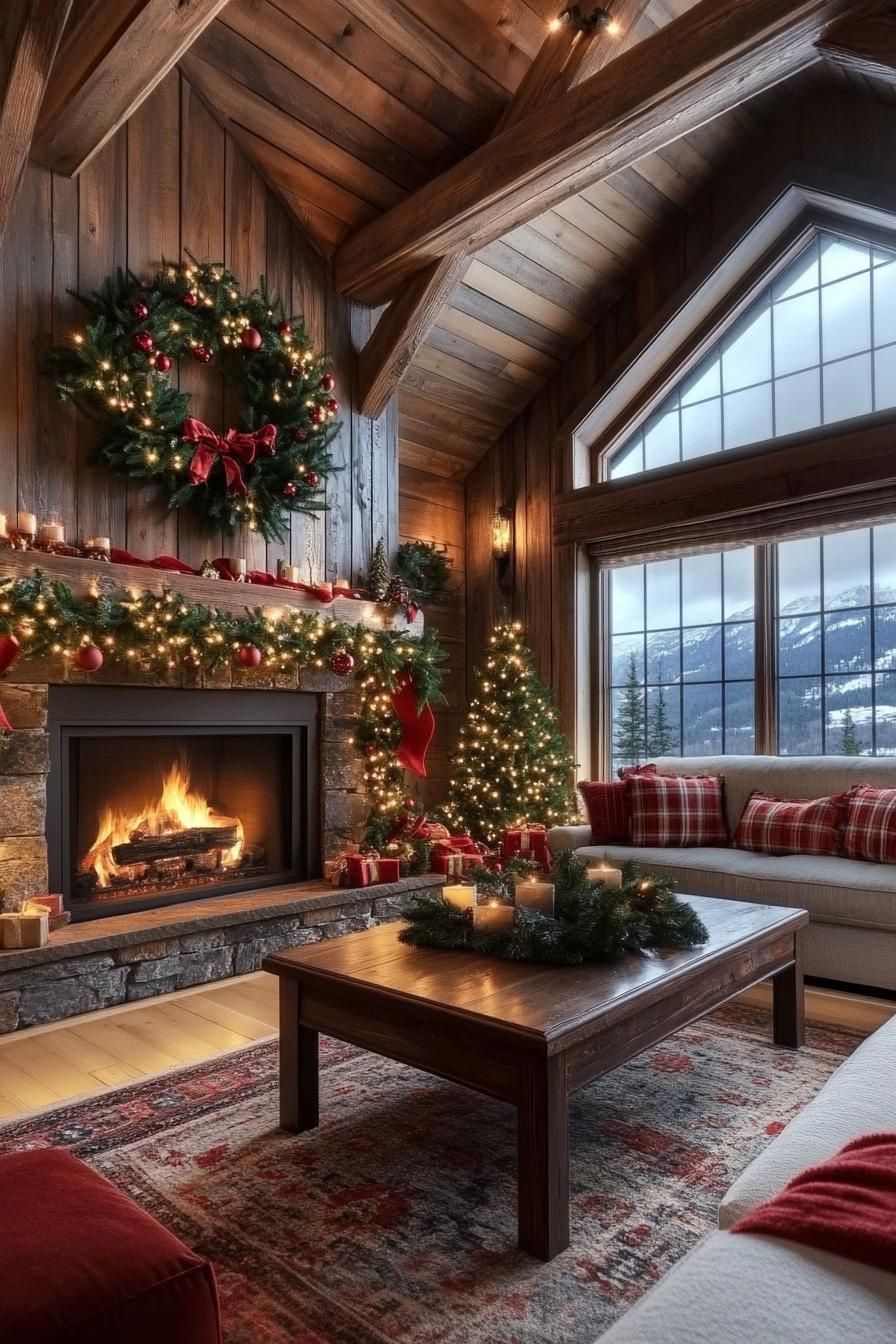 21 Cozy Mountain Lodge Christmas Decor Ideas 31 12. Festive Mantel Decor with Holly-2
