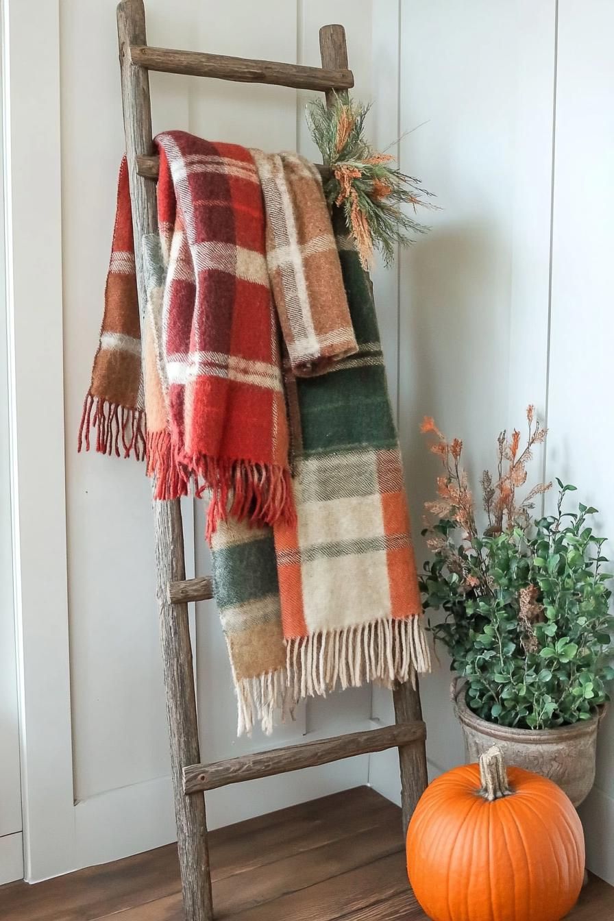 15 Cozy Fall Decor Ideas for Your Home 27 10. Rustic Blanket Display on Ladder-0