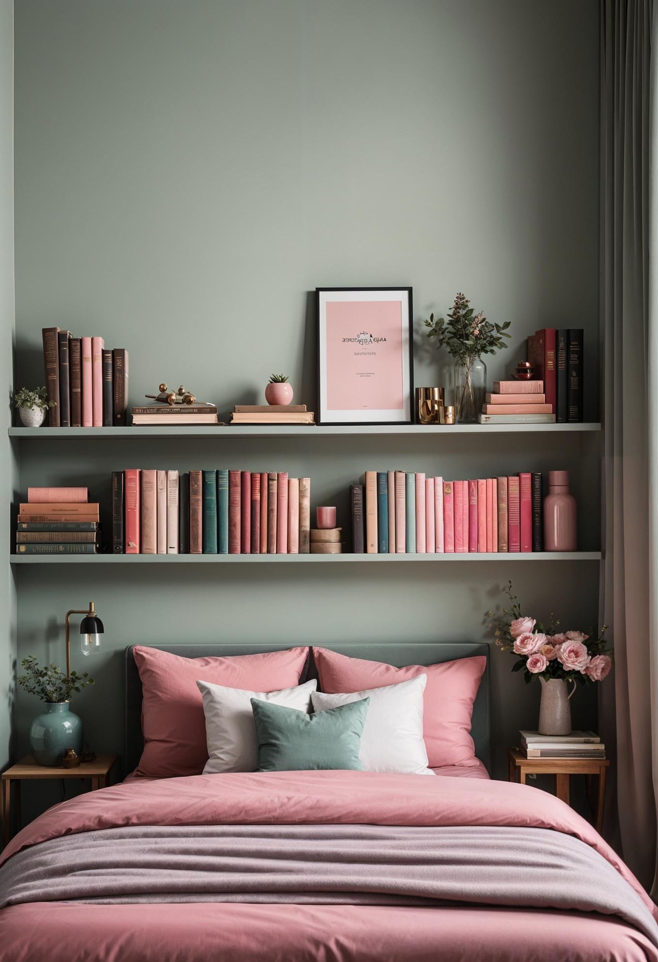 31 Chic Sage Green and Pink Bedroom Inspirations 26 16. Vintage Books Decor in Sage & Pink-0