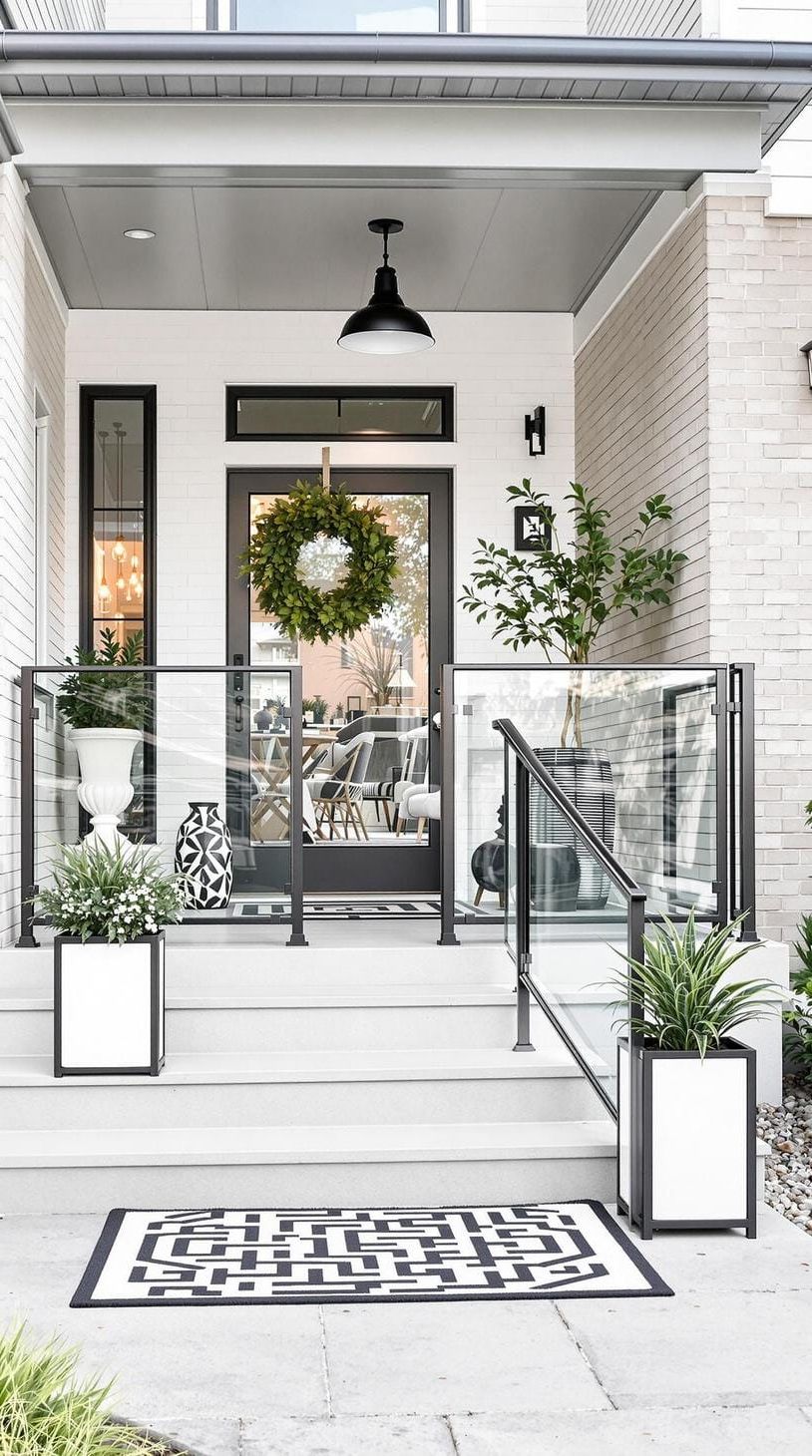 25 Beautiful Front Porch Ideas to Elevate Your Home Style 9 3. Modern luxe: Opt for sleek metal railings with glass panels, adding monochrome planters and a geometric outdoor rug-1