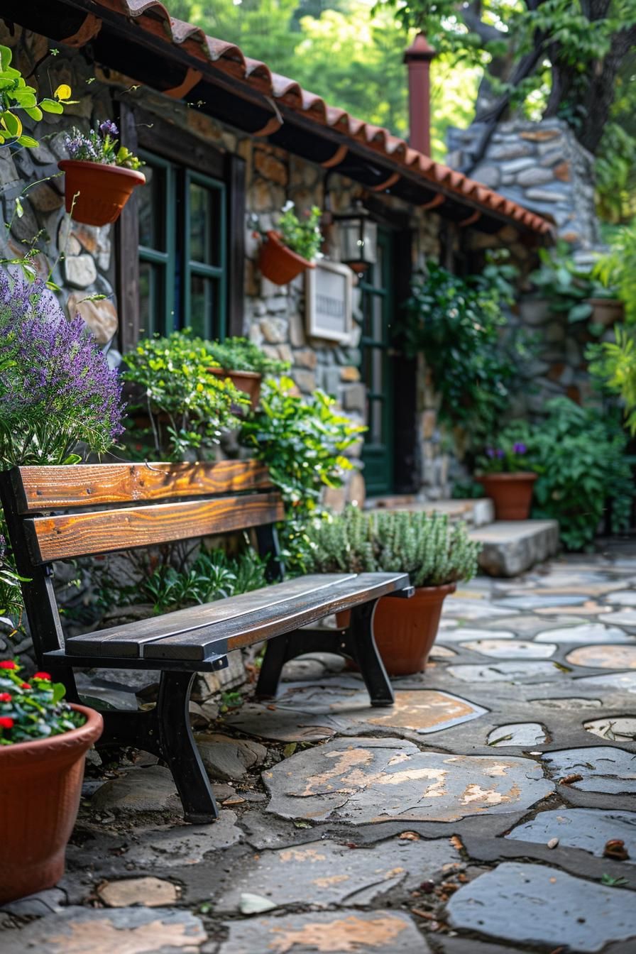 21 Small Flagstone Patio Ideas You’ll Love 26 9. Charming Herb Garden With Bench-0