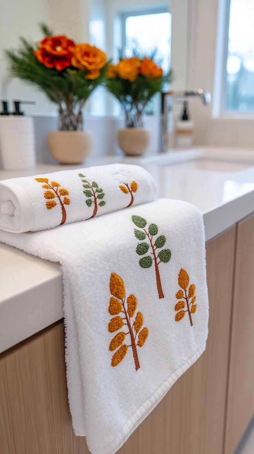 19 Simple Christmas Decor Ideas for Small Bathrooms 11 7. Christmas-themed hand towels with tree pattern-0