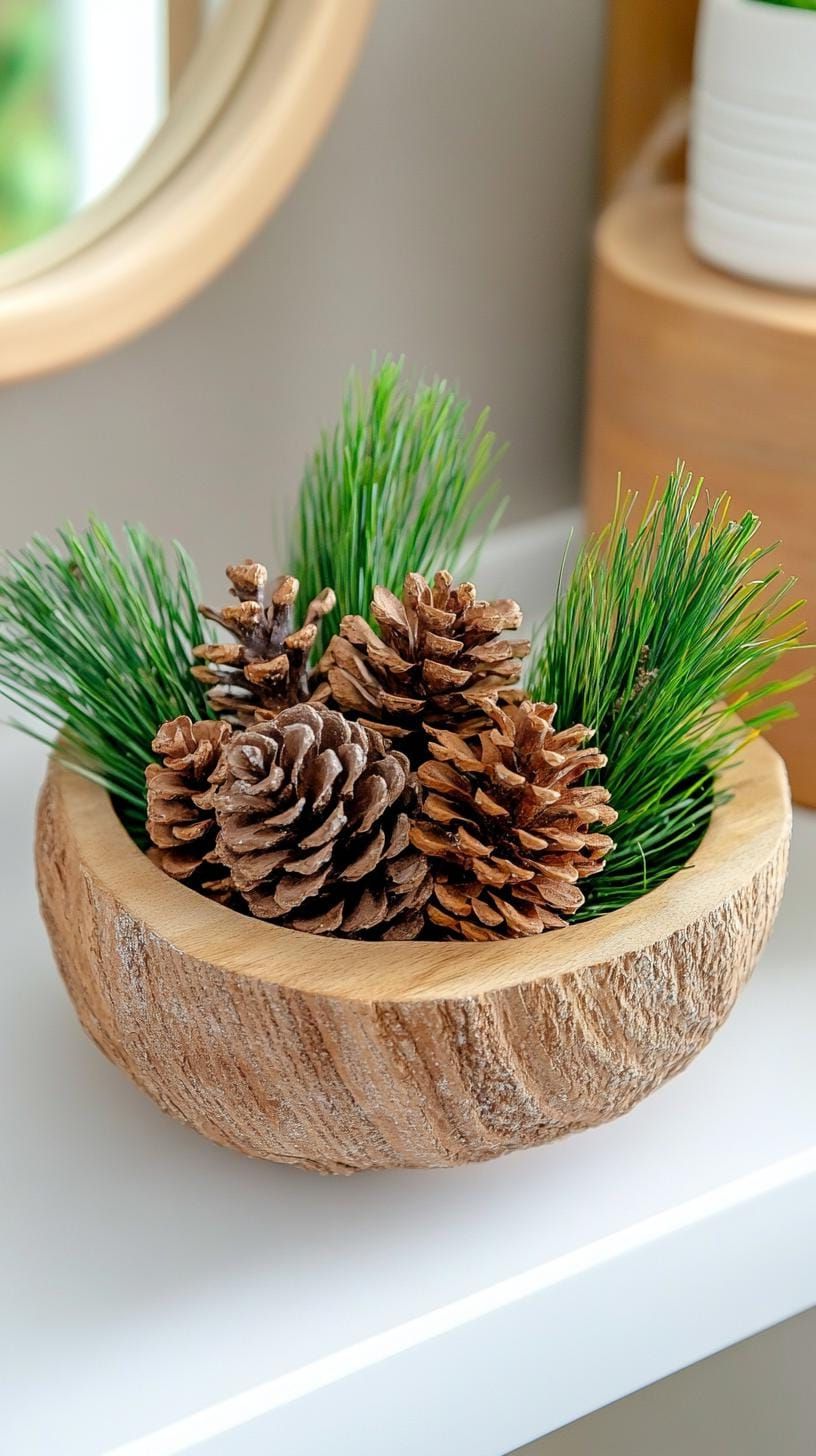 19 Simple Christmas Decor Ideas for Small Bathrooms 30 16. Small basket with pine cones and evergreen sprigs-0