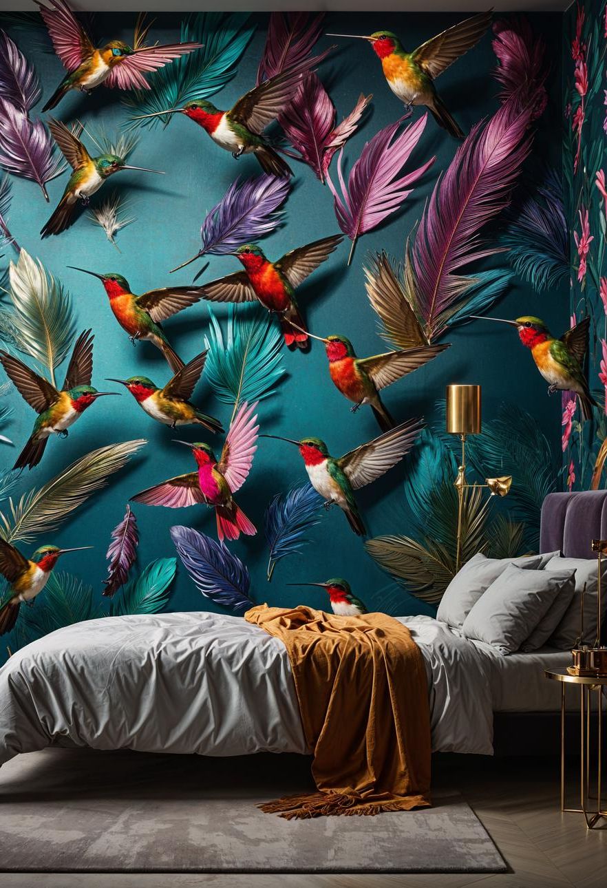 35 Super Cute Bedroom Decor Ideas to Spark Creativity 20 13. Iridescent Hummingbird Feather Wallpaper-0