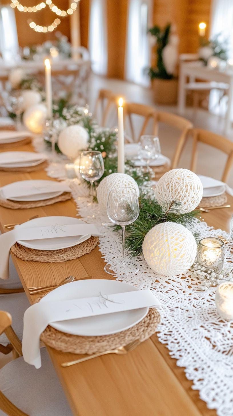15 Stunning Winter Centerpieces to Transform Your Table 33 11. Bohemian Yarn Orb: Wrap white yarn around inflated balloons, harden with glue, and then pop the balloon for an ethereal lace orb effect-1