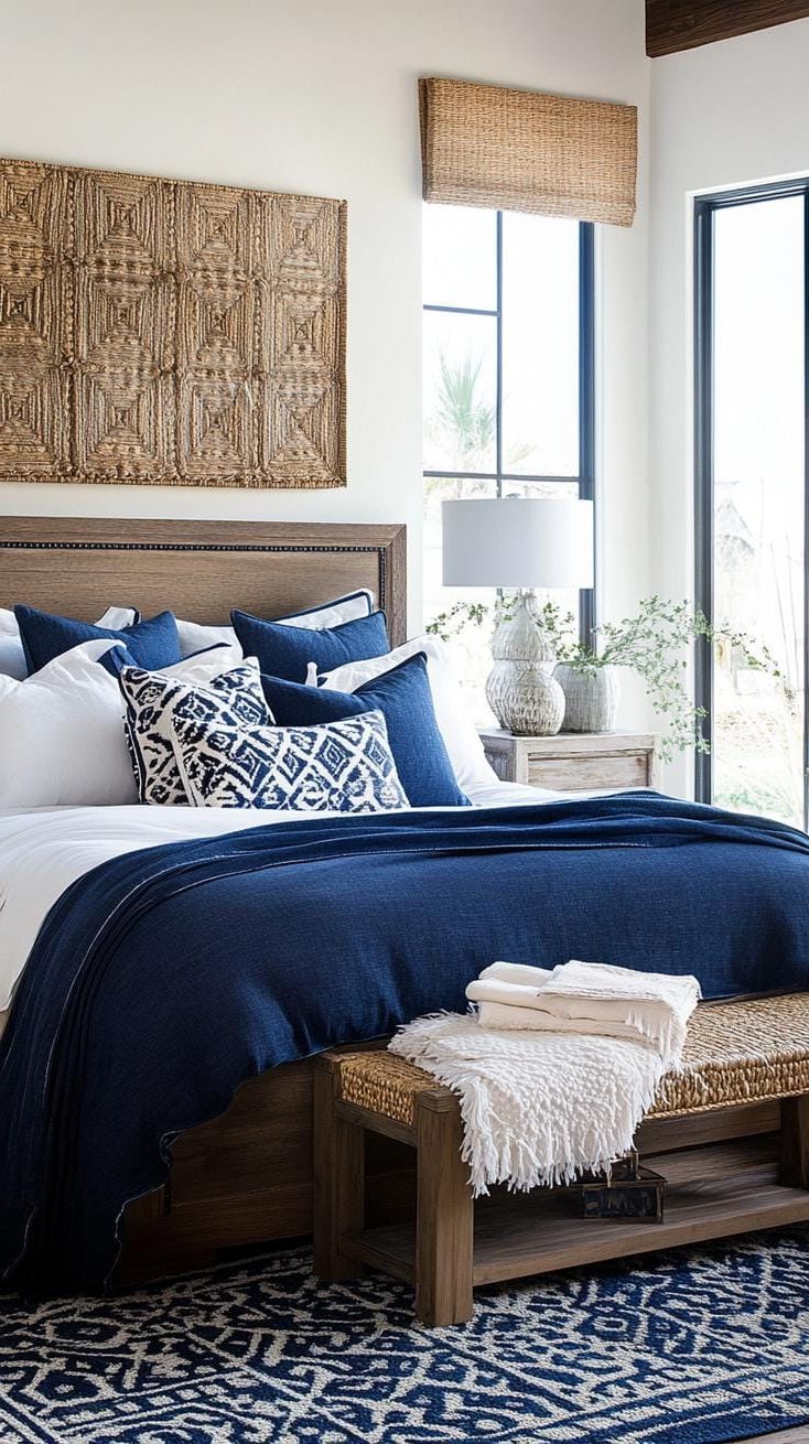 21 Best Blue Boho Bedroom Ideas To Inspire You 8 2. Denim Daybreak: Soften a rugged denim blue with soft creams and turquoise through layered textiles-1