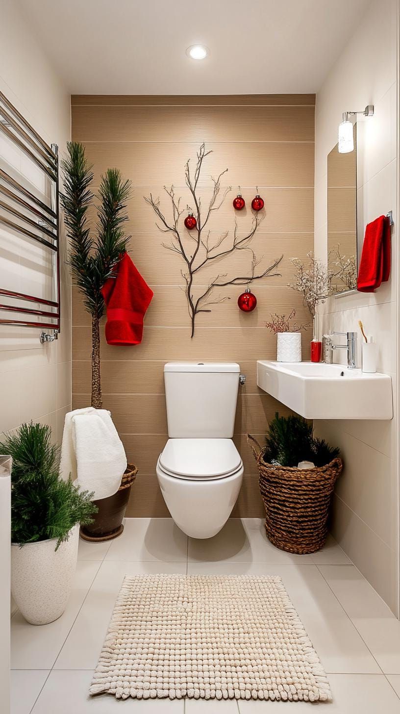 19 Simple Christmas Decor Ideas for Small Bathrooms 28 15. DIY tree wall decal with simple hanging ornaments-1