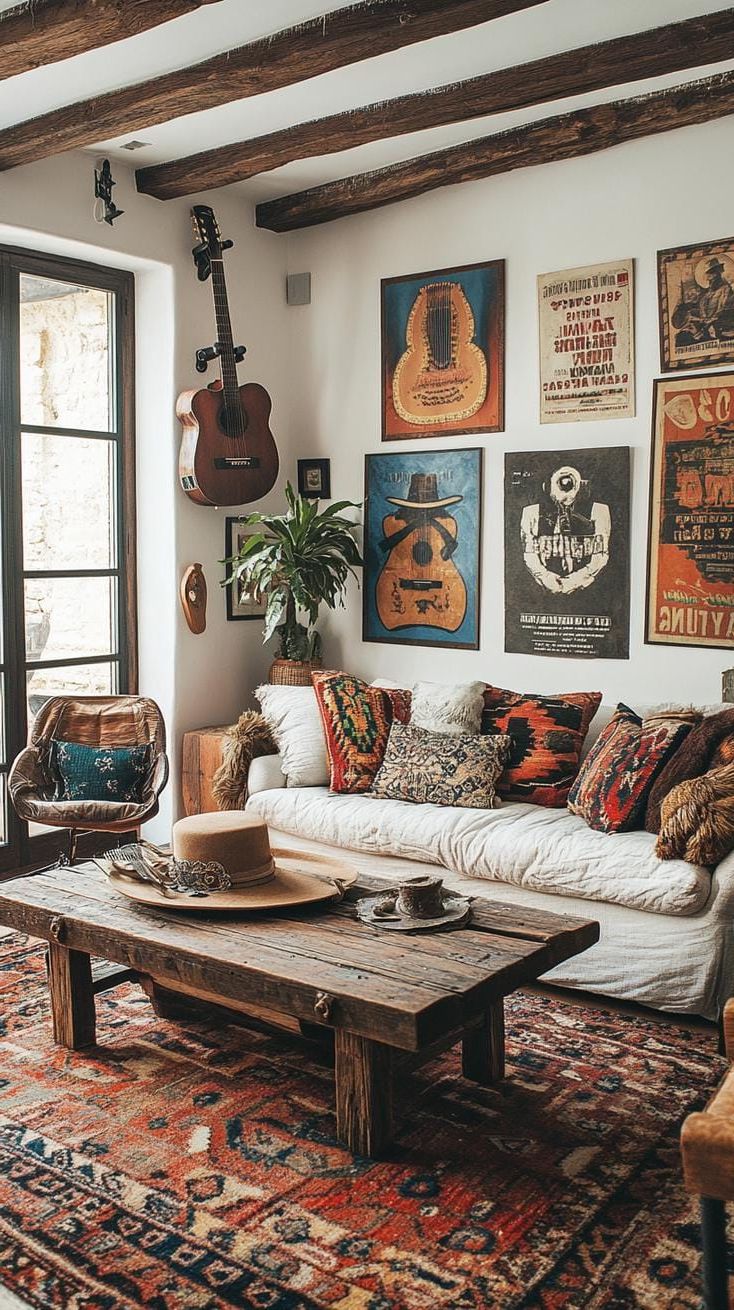 25 Chic Ranch House Decor Ideas for Modern Rustic Living 13 4. Western-themed gallery wall with hats, guitars, and vintage posters-0